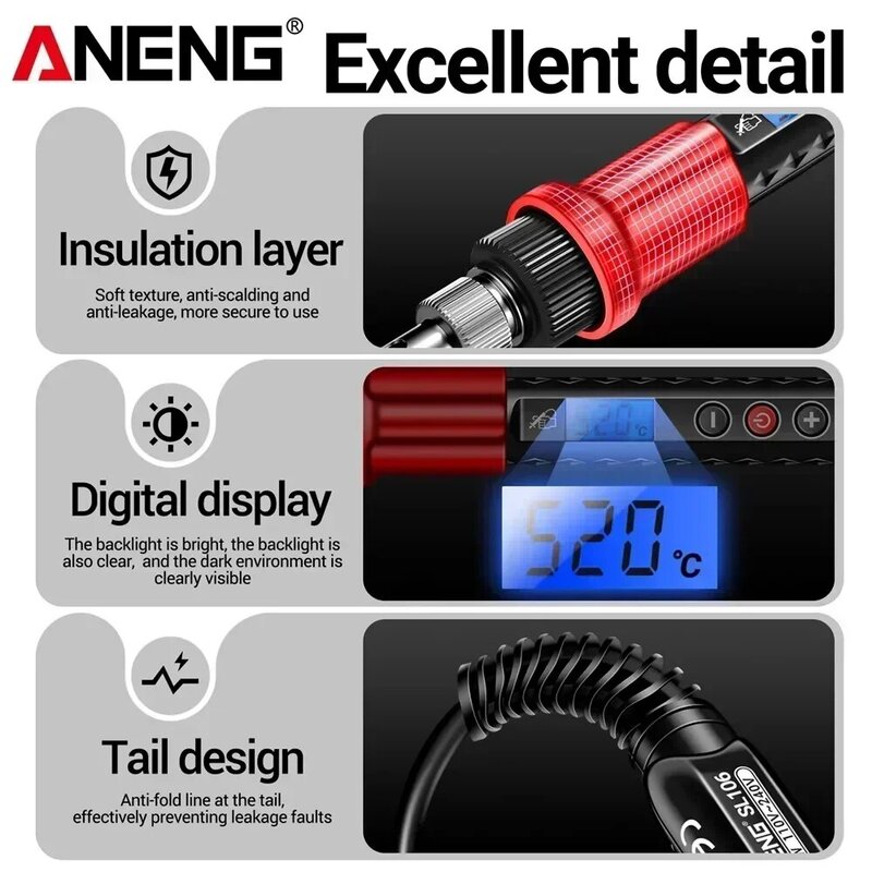 ANENG SL106 전기 납땜 인두, 온도 조절 가능, 용접 납땜 재작업 스테이션, 열 연필 팁 수리 도구, 110V, 220V