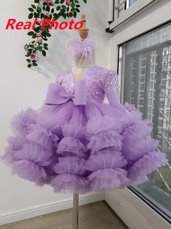 Gaun Gadis Bunga Mewah Gaun Pesta Anak Perempuan Scoop Neck Puff untuk Pernikahan Gaun Upacara Natal Anak-anak Tulle Lengan Pendek