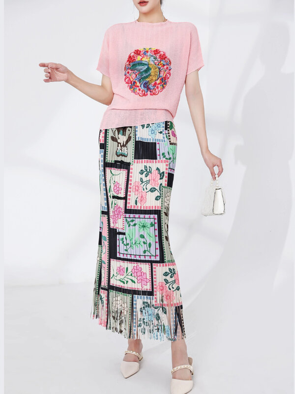 Artistic Tassel Pleated Women Skirt 2024 Summer Chic Retro Elastic Waist Midi Skirt