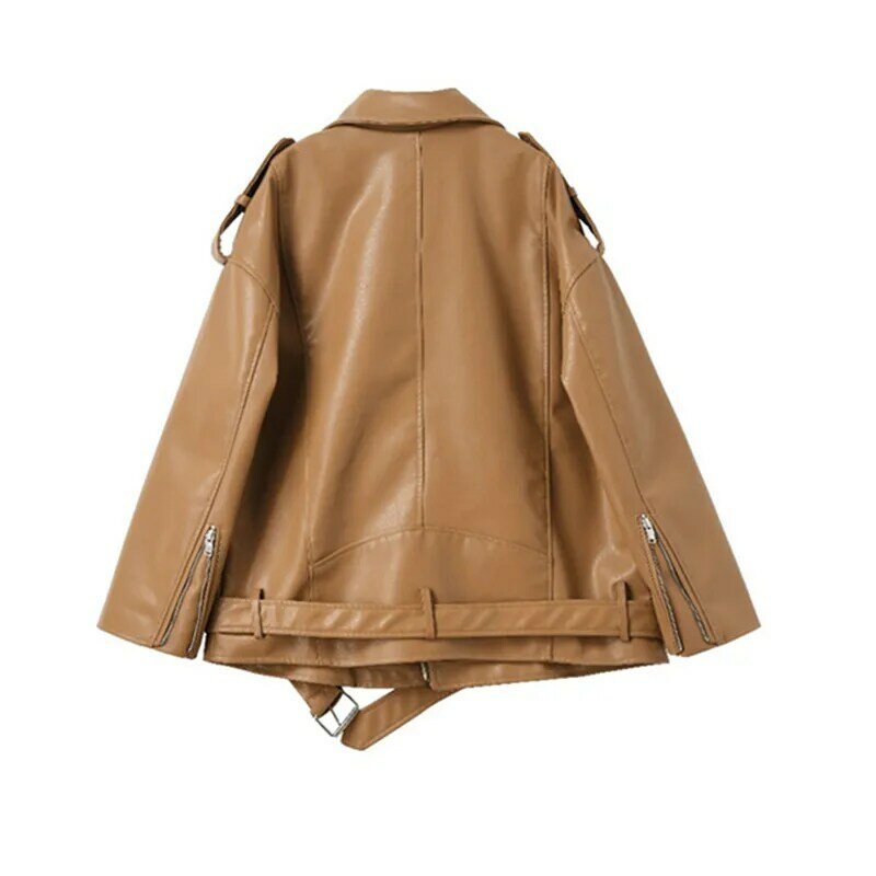 Куртка UHYTGF из искусственной кожи для женщин, свободные женские куртки с длинным рукавом и отложным воротником, Осень-зима 2023, уличная мода, мотоциклетное Женское пальто 435
