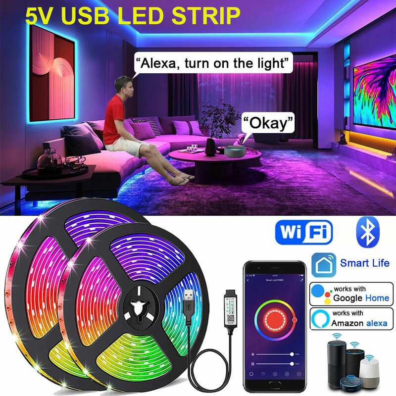 Fita LED USB para decoração de quarto, fita RGB 5050, 10m, corda de gelo, lâmpada de jogos para crianças, luz de fundo, 5V, 5V