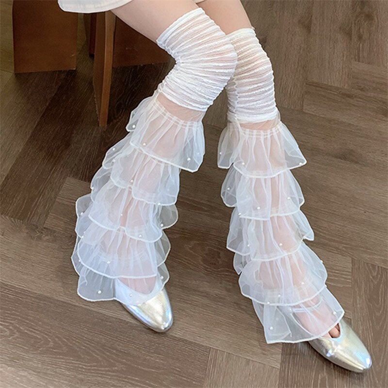 Women Organza Ruffled Lace Leg Warmers Tiered Tulle Patchwork Thigh High Socks Vintage Y2k Boot Cuffs Covers Long Socks