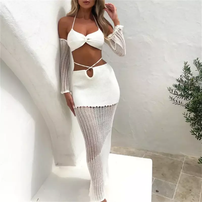 White Knitted Midi Skirt Set Crop Top Halter Strappy Hollow See Through Knitwears Sleeve Bandage Sexy Women Trend Design Outfits