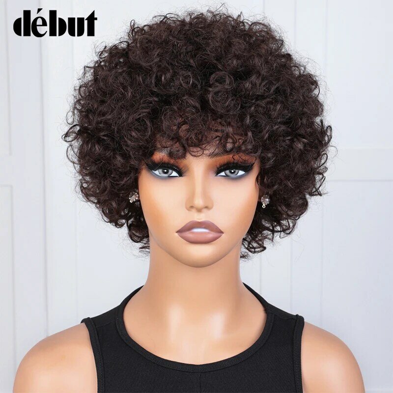 Curto Afro Curly Bob peruca com franja para as mulheres, cabelo Remy sem cola, peruca natural marrom Kinky, cabelo humano da Malásia, para ir usar