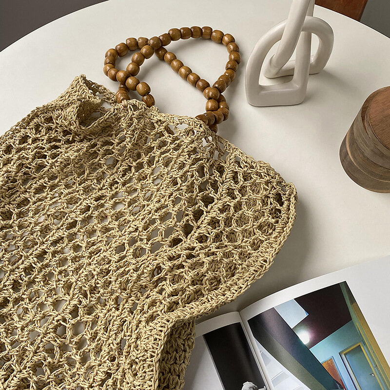 Bolso grande de paja para mujer, bolsa de hombro informal de playa, hecha a mano, cesta de almacenamiento, 2023