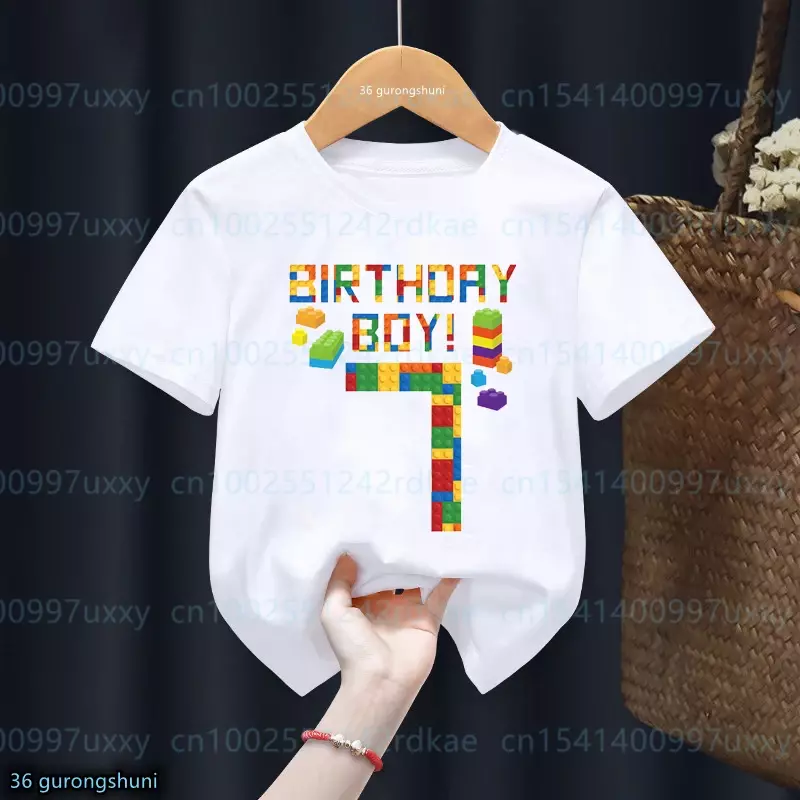 Camiseta Kawaii de bloques de construcción para niños, vestido de fiesta de cumpleaños, camiseta bonita para niños, Top para niños de 4 a 9 años