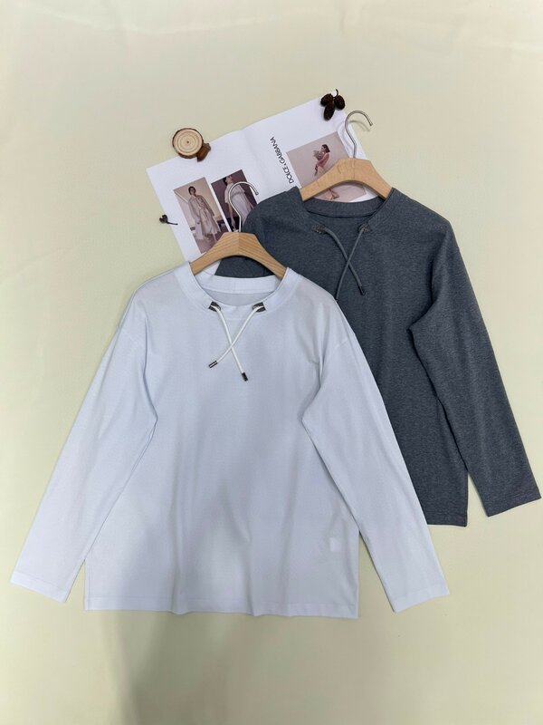 Spring cotton round neck long sleeve casual thin blouse