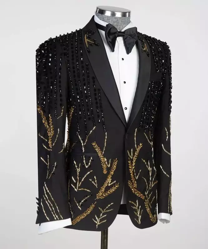 Conjunto de trajes negros de 2 piezas para hombre, Blazer y pantalones de lujo con cuentas de cristales, chaqueta hecha a medida, esmoquin de boda para novio, abrigo de botonadura única