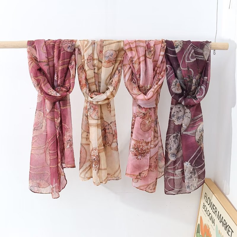 女性用コットンとリネンのスカーフ,女性用のふくらんでいるスカーフ,ガーゼのプリントが施されたエレガントなショール,秋用