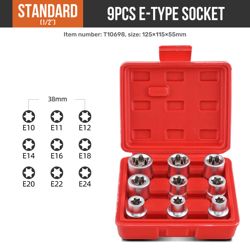 Hi-Spec Torx Star Socket Set, Ferramentas de reparo manual, Chave de catraca, Tipo E, E10, E11, E12, E14, E16, E18, E20, E22, E24, 1/2 ", 9 PCes