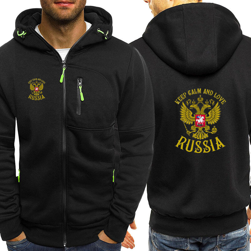 Moletons masculinos estampados de águia dourada da Rússia, moletons esportivos casuais, zíper de manga comprida, algodão masculino, inverno