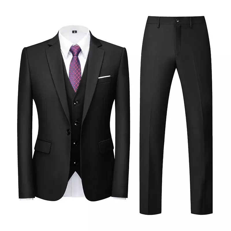 (Jacket+Vest+Pants)High-end Brand Formal Business Mens Suit 3-piece Groom Wedding Dress Solid Color Suit