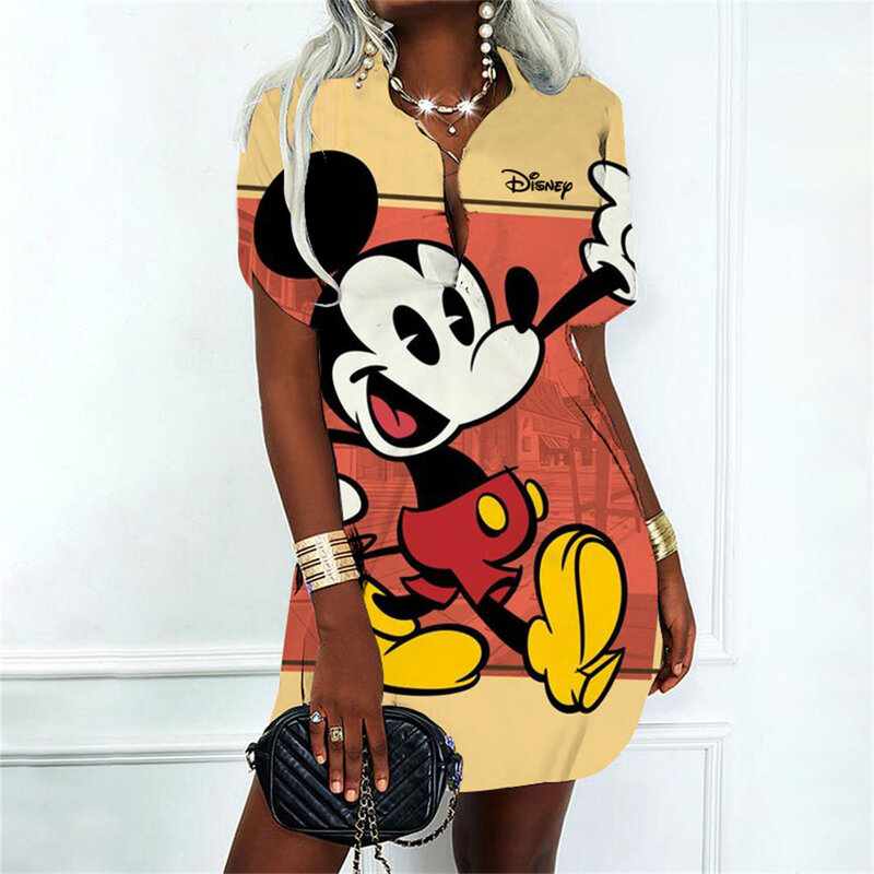 Gaun wanita elegan modis Korea untuk pesta 2024 kemeja Polo baju wanita V-Neck Mickey Disney Y2k Minnie Mouse seksi