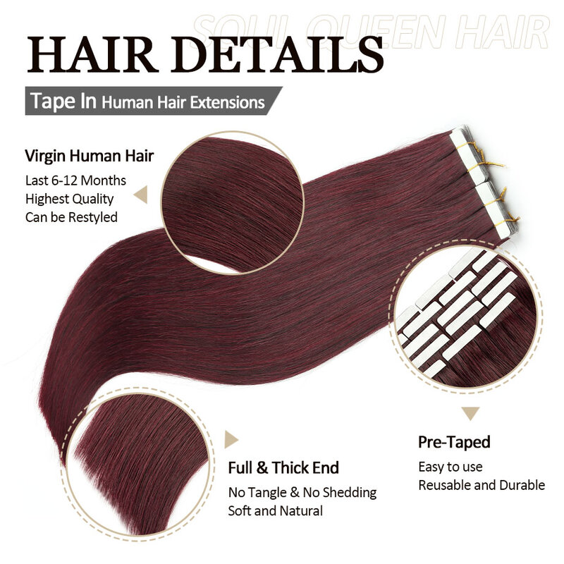 Selotip dalam ekstensi rambut manusia asli rambut merah anggur rambut Remy Brasil alami Lurus mulus Asia ekstensi Korea 20P"