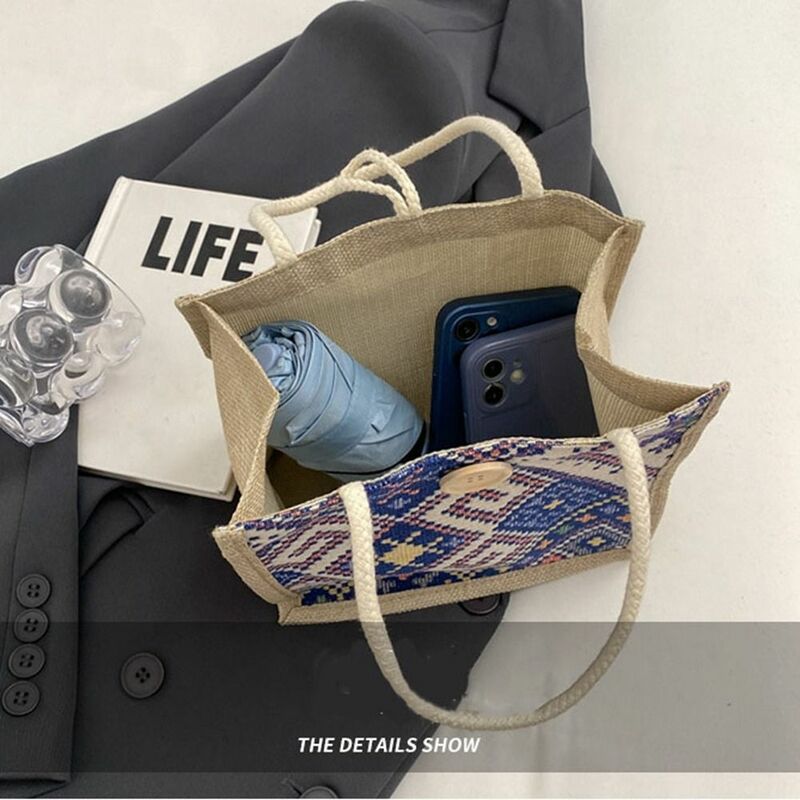 Холщовая Сумка с вышивкой и принтом в этническом стиле, вместительная тканевая сумка для ланча с принтом, тоут, Льняная сумка для хранения и пикника
