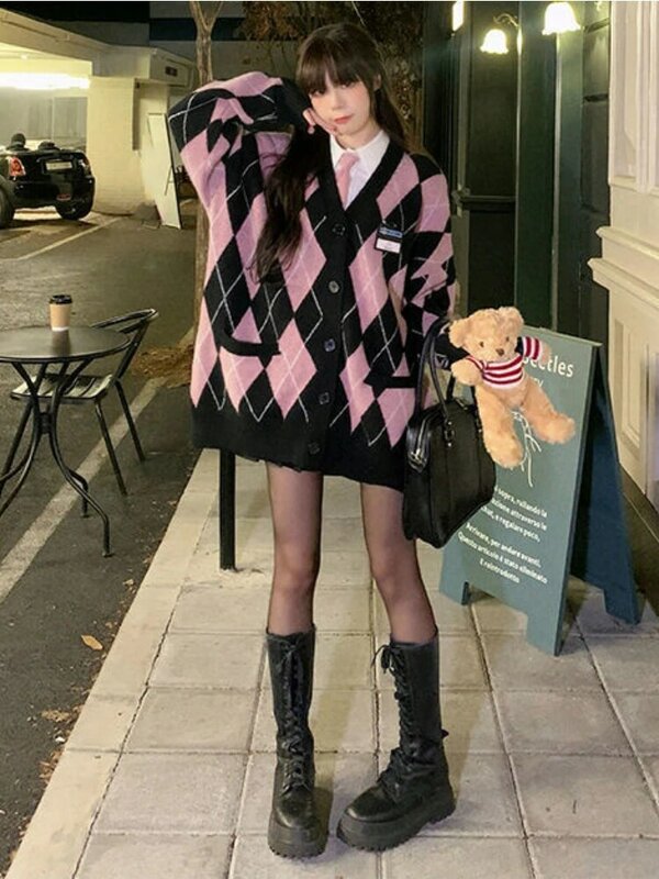 Deeptown Preppy Style Argyle Knitted Cardigan Women Harajuku Sweet Pink Oversized Sweater Retro V-neck Long Sleeve Knitwear Tops