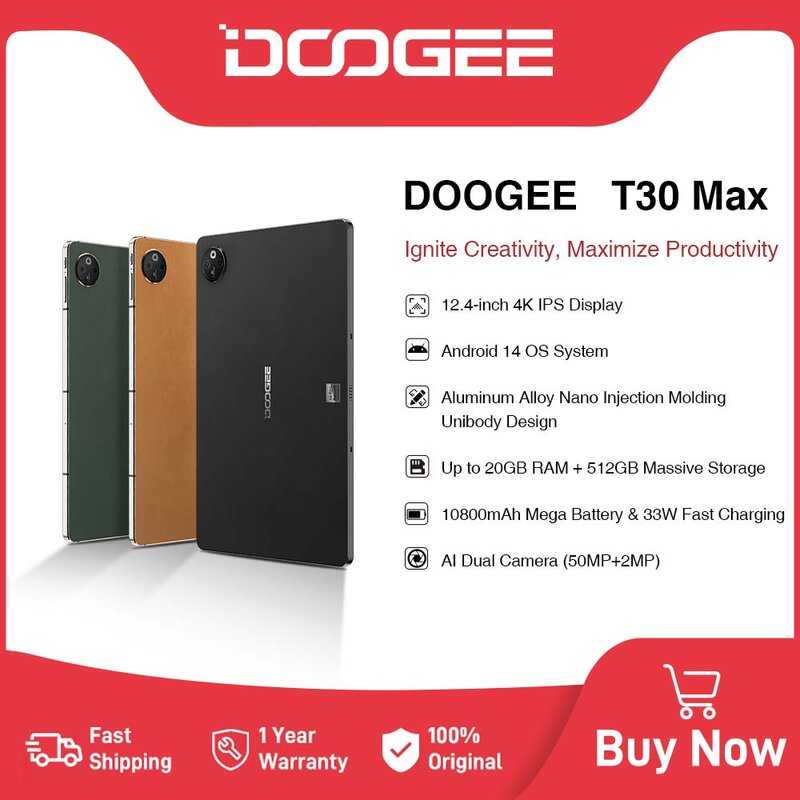 Doogee แท็บเล็ต T30 MAX 12.4 "4K 20GB(8 + 12) 512GB แอนดรอยด์14 50MP กล้องคู่10800mAh อะลูมินัมอัลลอย NANO unibody