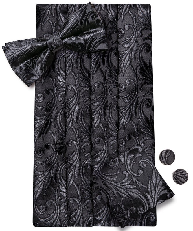 Hi-Tie Luxury Designer Black Floral Solid Cummerbund Bow tie Set Formal Tuxedo Corset Elastic Belt for Men Wedding Cummerbunds
