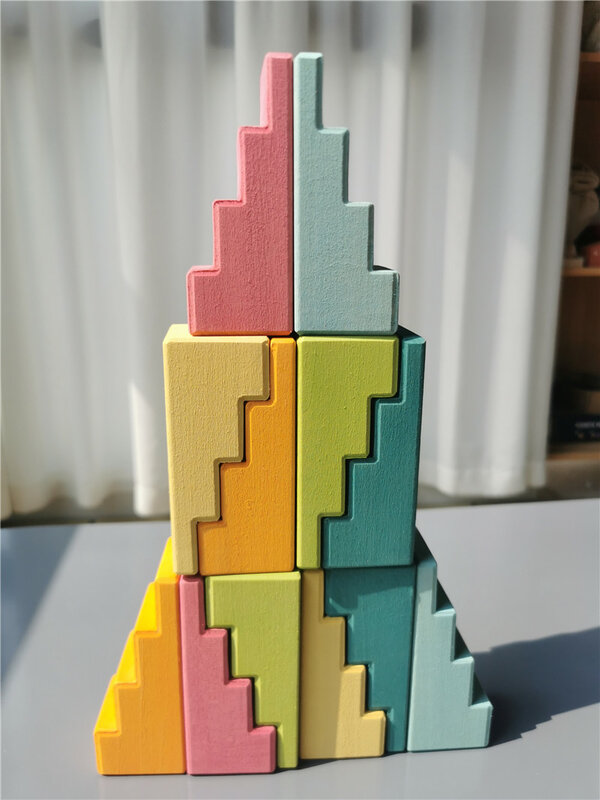 Set di blocchi di costruzione arcobaleno in legno tetti a gradini pastello impilabili scale per bambini gioco creativo