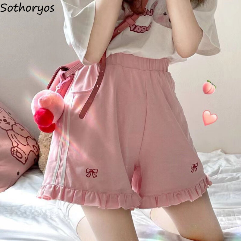Cute Sporty Shorts for Women Sweet Bow Embroidery Schoolgirls Fashion Summer High Wasit Casual All-match Japanese Style Harajuku