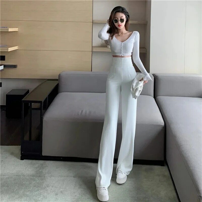 2023 Spring Summer Women's Wide Leg Pants Loose High Waist Casual Trousers Woman Korean Style Solid Office Straight Pants White