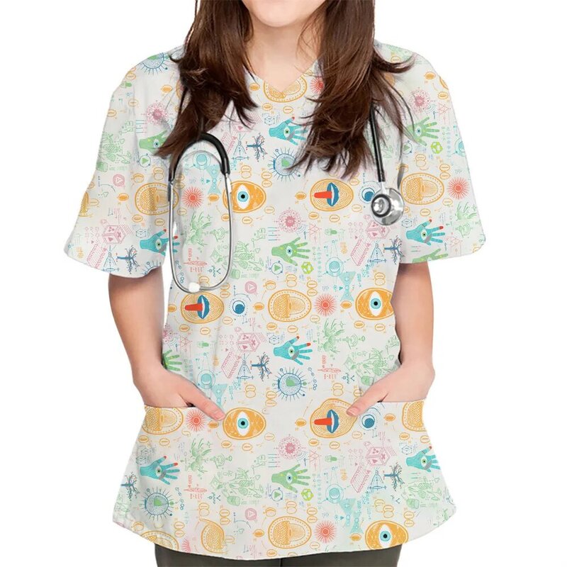 Mulheres estampa floral uniforme de enfermeira, manga curta gola v top, uniforme de trabalho, bolso impresso, novo estilo