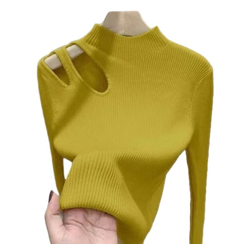 Suéter feminino de malha com gola meia alta, blusa elástica, ajuste justo, pulôver monocromático, macio, quente, elegante, inverno