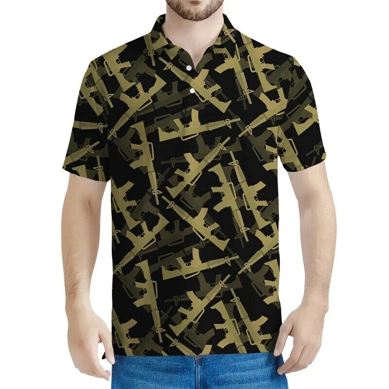 Mode Waffen Kugel Muster Polos hirt für Männer heißen Verkauf Sommer 3d gedruckt kurze Ärmel Tops coole Revers T-Shirts Knopf T-Shirt