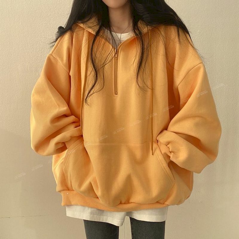 Hoodie Fashion Korea Wanita Longgar 2023 Warna Solid Hoodie Kasual untuk Wanita Kaus Bertudung Esensial dengan Ritsleting Perempuan