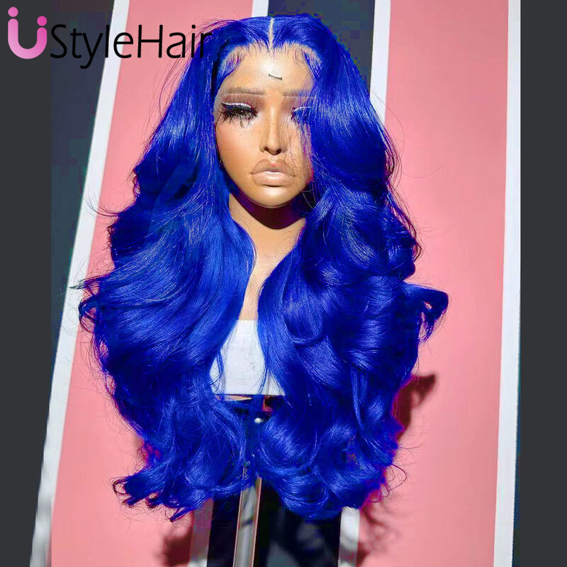Wig renda biru tua tubuh panjang gelombang renda Wig depan tahan panas rambut sintetis bagian samping renda biru Solid penggunaan sehari-hari Wig Cosplay