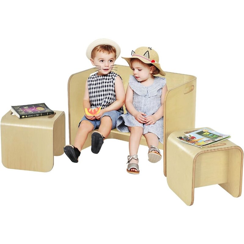 Conjunto de móveis infantis, mesa de madeira, banco, prateleiras, mesa para leitura