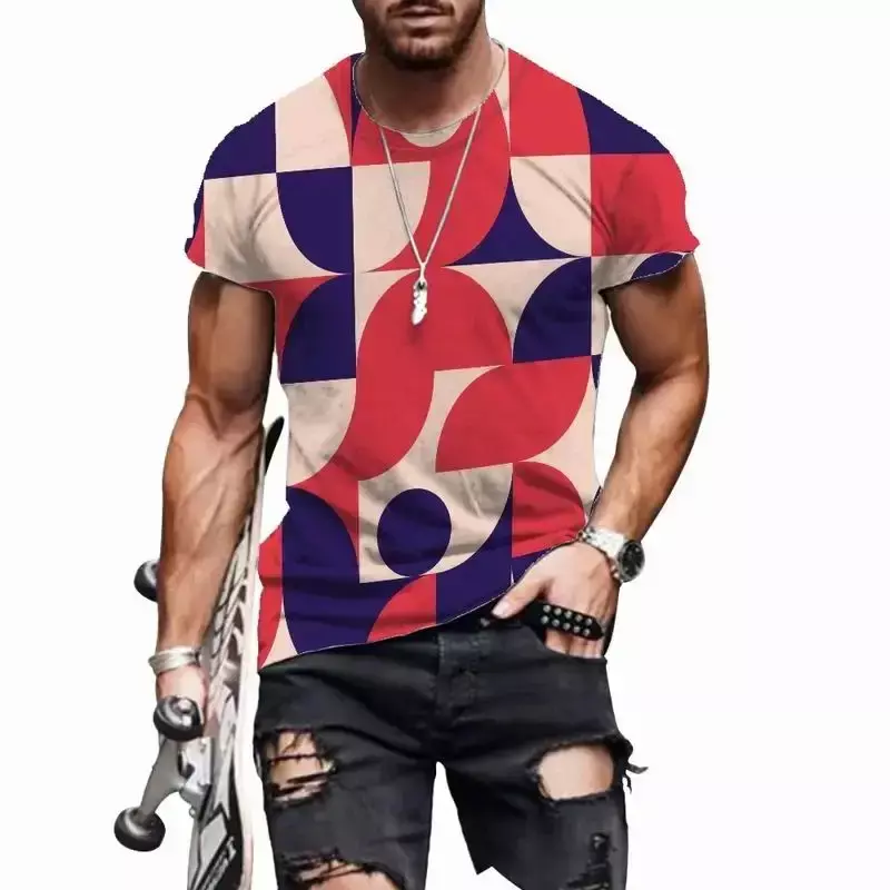 Camiseta de manga curta masculina, estampada em 3D, padrão geométrico, estilo original, hip-hop, casual, blusa respirável descontraída