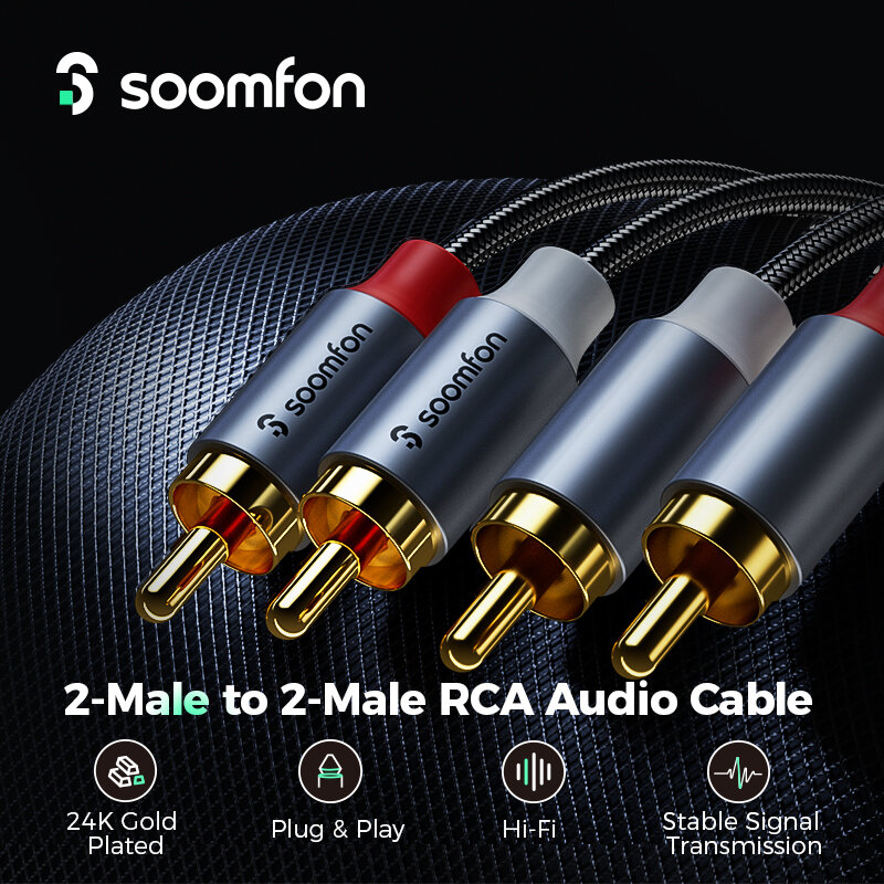 SOOMFON-Cabo de áudio estéreo macho para 2RCA, conector RCA banhado a ouro, cabo de áudio para Home Theater, amplificadores HDTV, 1m, 2m, 3m