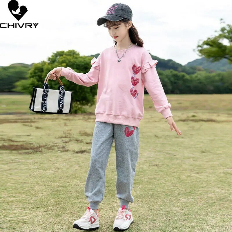 Girls Clothing Sets New 2023 Spring Girls Heart Print Pullover Sweatshirt with Pants Sports Suit Kids Sportswear for 2-14 Years