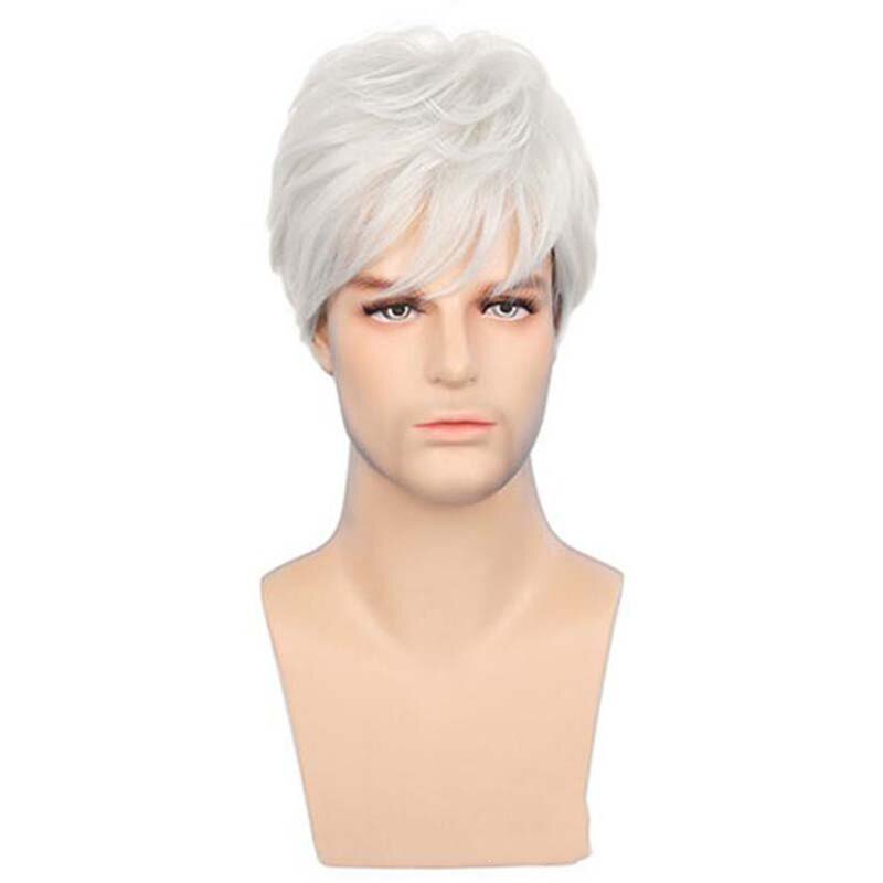 Men Short Silver White Straight Curly Wigs Synthetic Anime Cosplay Fluffy Heat Resistant Hair Wig for Daily Party