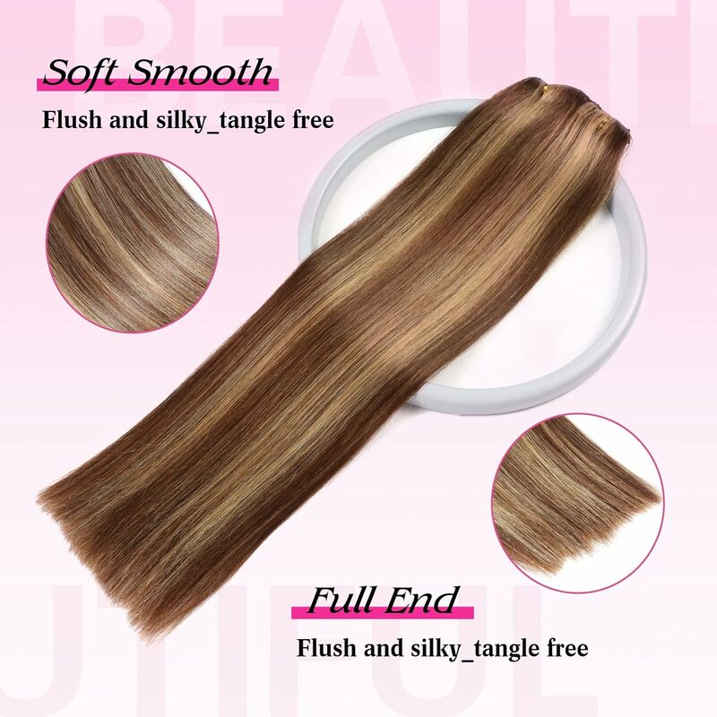 Clip in Hair Extensions Remy Hair 8PCS/Set with 17Clips Double Weft Straight Clip in Human Hair Extensions Brown To Blonde P4/27