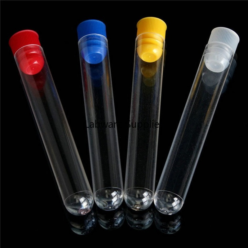 Tubos de teste plásticos claros com rolha plástica, tampa colorida para experiências, comprimento 60mm a 150mm, 50 PCes 100 PCes