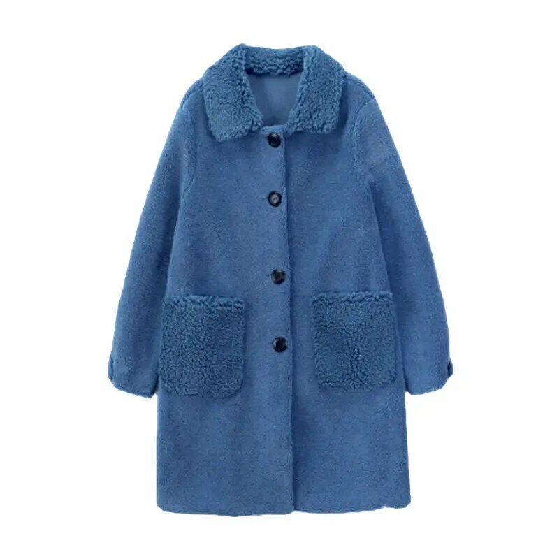 Grained sheearling jaqueta imitação de lã de cordeiro senhoras casaco de comprimento médio engrossado e quente