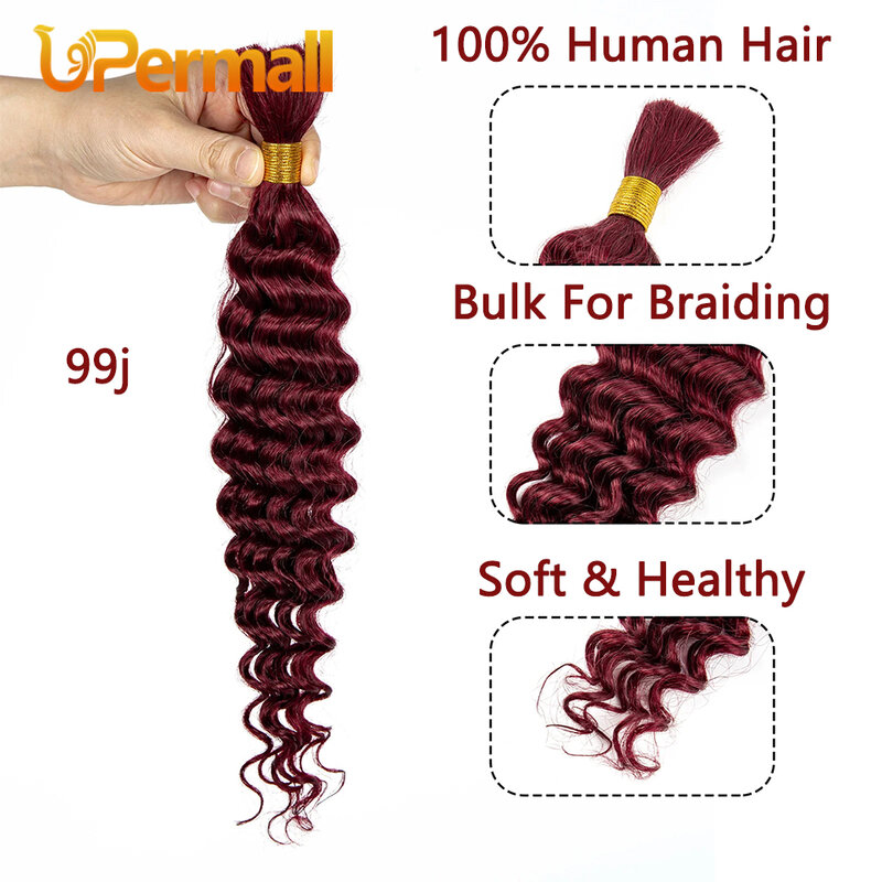 Upermall-extensiones de cabello humano brasileño 100 Remy para trenzas bohemias, Pelo Rizado profundo sin trama, 100% g