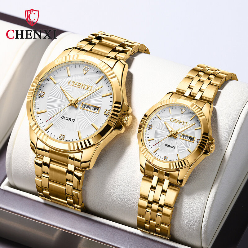CHENXI Relojes Marca de lujo de acero inoxidable de oro reloj para los hombres Calendario Semana Reloj de cuarzo a prueba de agua Pareja Su Hers Juegos de Relojes