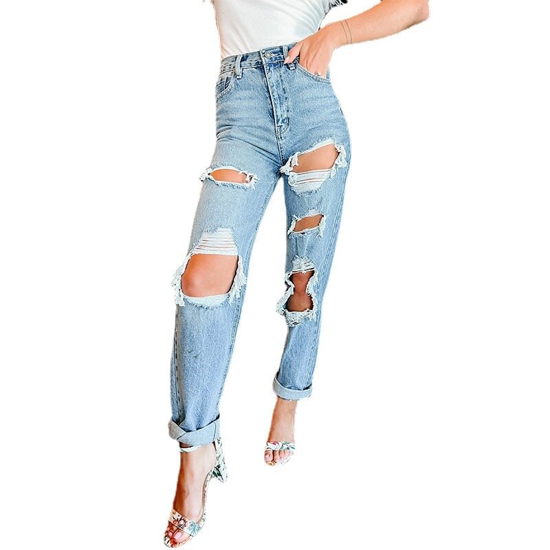 Jins robek untuk wanita lubang pinggang tinggi ibu celana jins suar musim gugur 2023 kasual panjang Streetwear celana Jeans longgar
