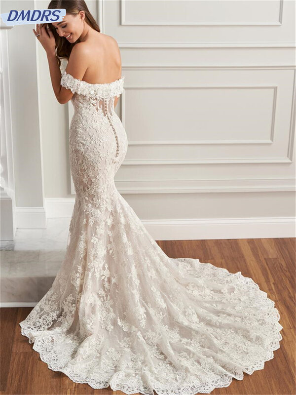 Vestido de noiva solene fora do ombro, charmoso vestido de renda, vestido até o chão, vestido romântico, 2024