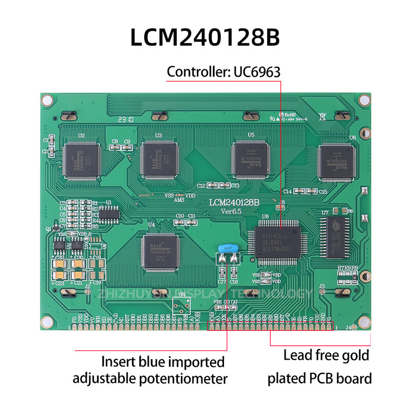 STN 그레이 필름 블루 폰트 LCD 디스플레이 모듈, 240x128, T6963C 또는 RA6963 또는 UCI6963, 5V 작동 온도-30x80, 240128B