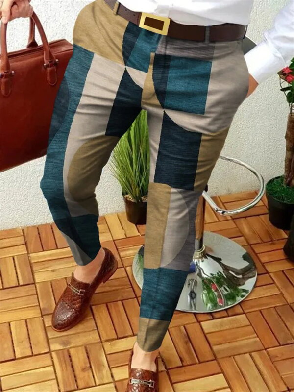 Calça casual quadriculada masculina, fato de secagem rápida, perna reta, coreano, colorido, escritório, novo, MA2