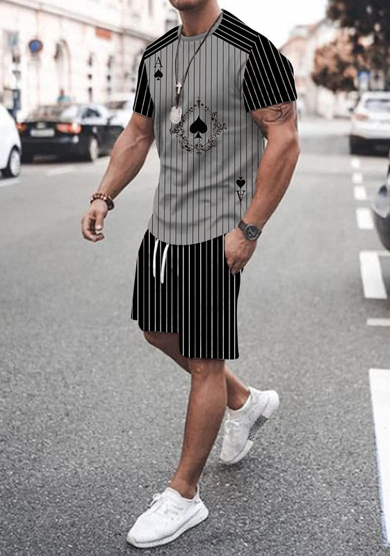 Футболка мужская в полоску, повседневный модный серый комплект из футболки с короткими рукавами и шорт с принтом Ace of Spades, лето 2023