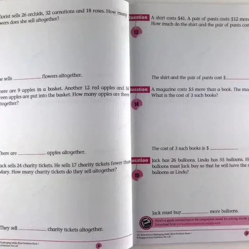 หนังสือปัญหาคำศัพท์ทางคณิตศาสตร์ที่ท้าทาย101สิงคโปร์โรงเรียนประถมศึกษา1-6หนังสือฝึกหัดคณิตศาสตร์หนังสือภาษาอังกฤษ6เล่ม/ชุด