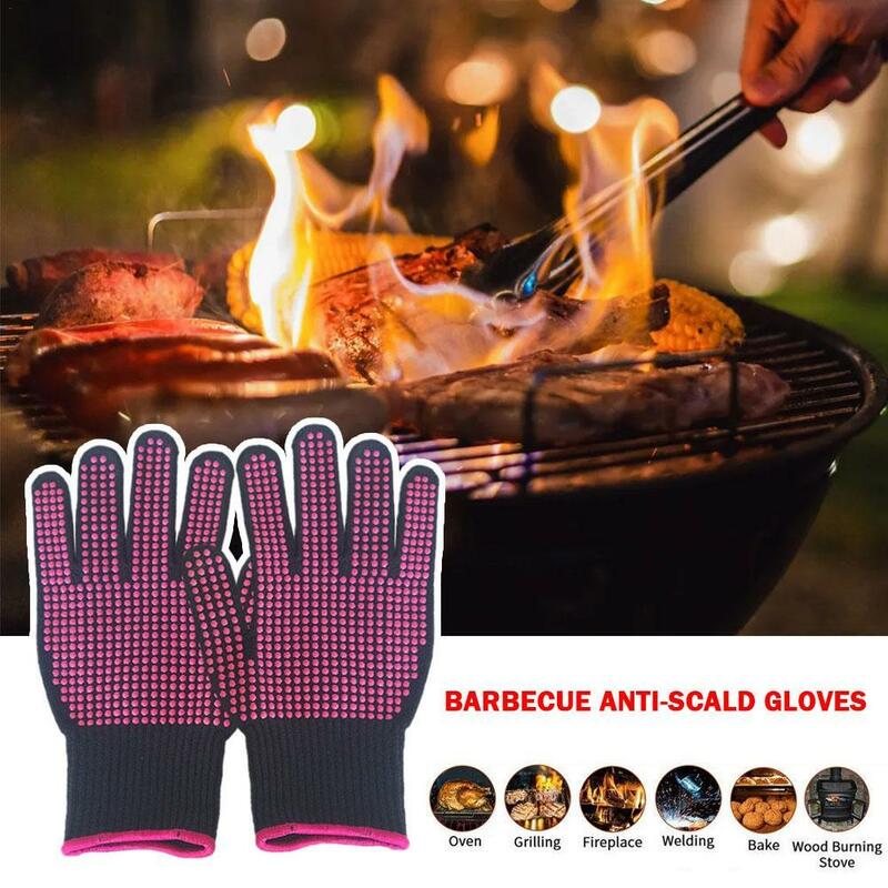 1 Pair Barbecue Anti-scald Gloves Heat Glove Resistant BBQ Oven Gloves Kitchen Fireproof Gloves Anti-slip Gloves For Cooking