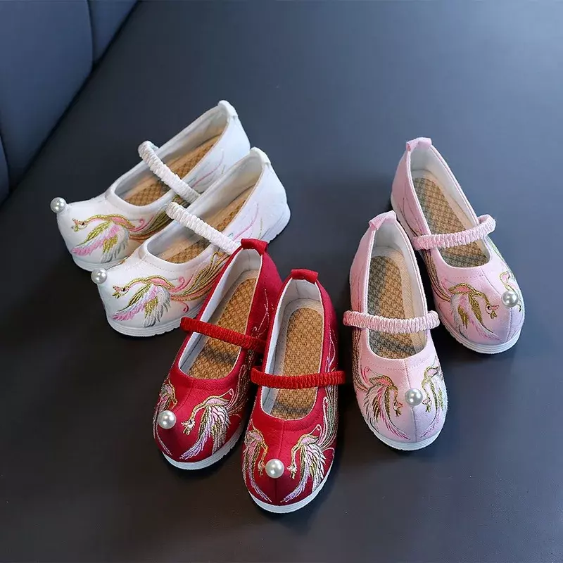 Chinese Hanfu Dance Shoes para bebês, Retro Birds Bordados, Pearl Flats para crianças, Sapatos de algodão para crianças