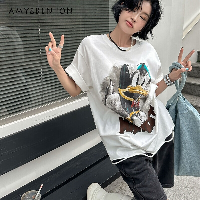 Camiseta feminina de manga curta com decote em o, pulôver retrô estampado com desenho rasgado, Potter, primavera e verão