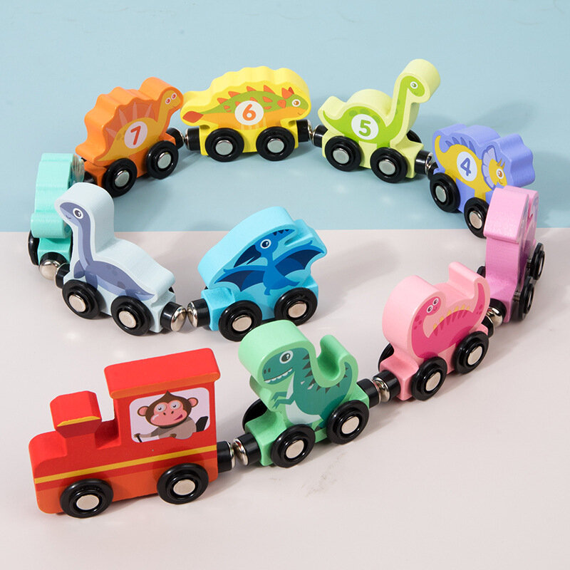 Set kereta api dinosaurus kayu magnetik 11 buah nomor mainan kayu mobil belajar dengan angka warna kereta untuk anak-anak 2-5 mainan Montessori